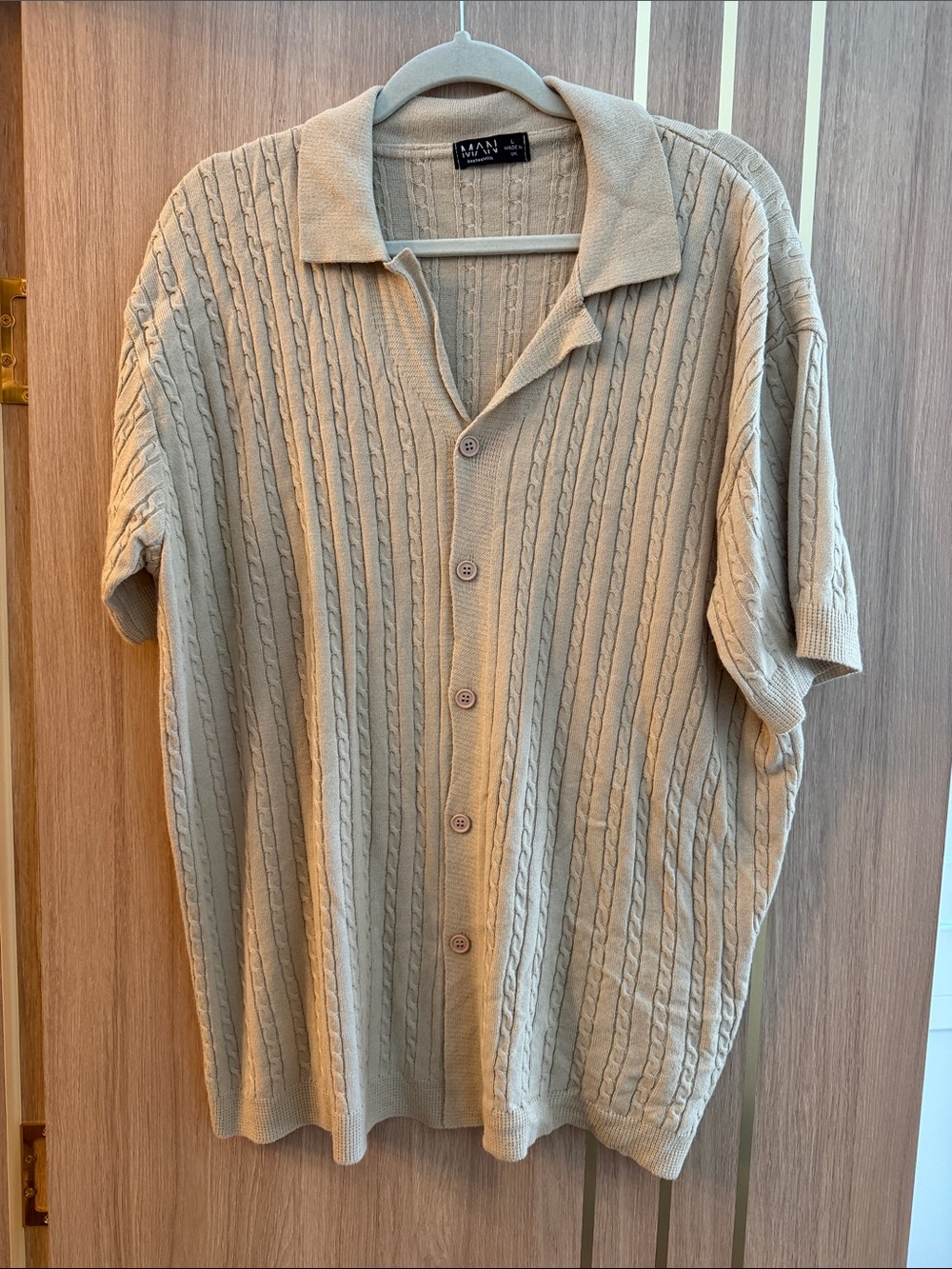 Boohoo Beige Cable-Knit Short-Sleeve Button Polo